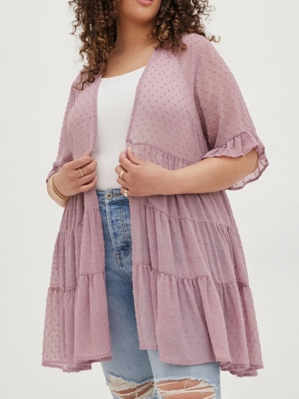 NEW NWT TORRID 2 Plus Size Clip Dot Ruffle Kimono Lilac Lavender Purple Coquette